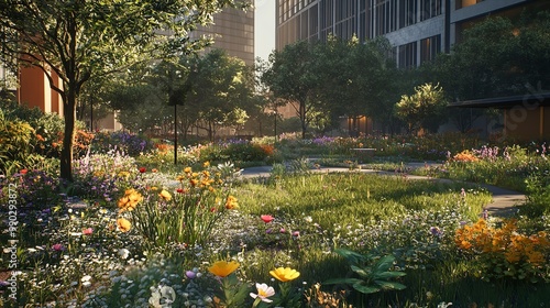 A Lush Urban Green Space Flourishes with Colorful Plants