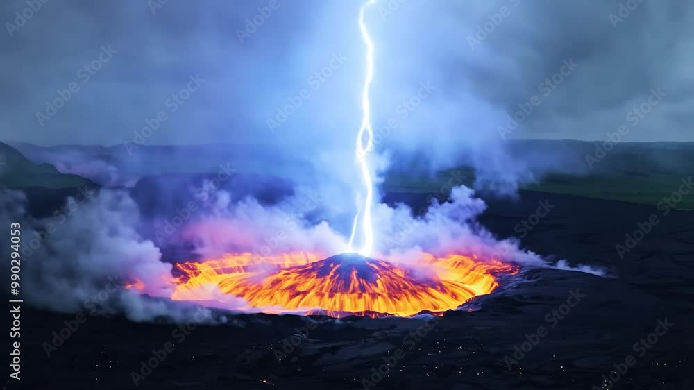 A powerful volcanic eruption releases bright molten lava while lightning illuminates the dark clouds above, creating a dramatic contrast in the landscape at dusk A powerful volcanic eruption releases bright molten lava while lightning illuminates the dark clouds above, creating a dramatic contrast in the landscape at dusk