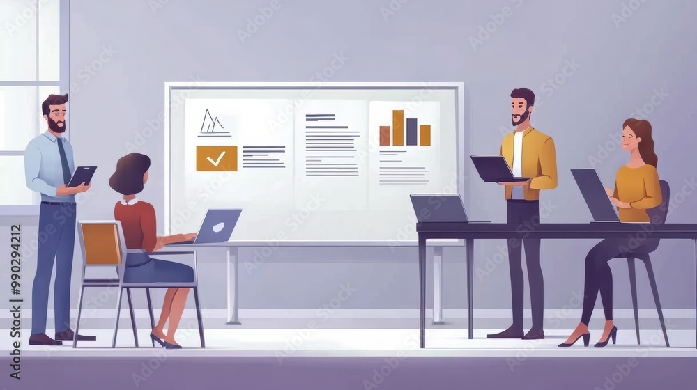 Flat design showing a business presentation on a whiteboard with a group of workers. Flat design showing a business presentation on a whiteboard with a group of workers.