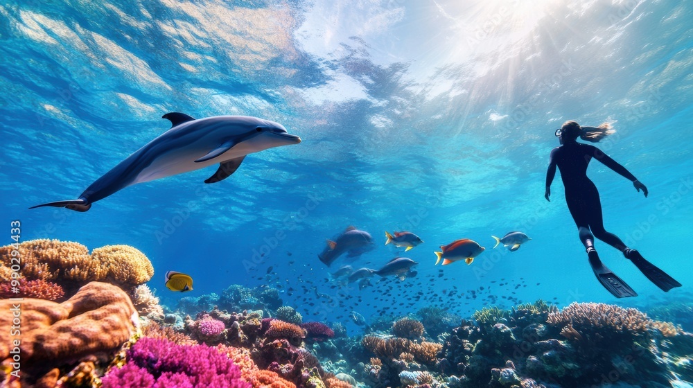Enchanting Underwater Scene with Dolphin and Swimmer Enchanting Underwater Scene with Dolphin and Swimmer
