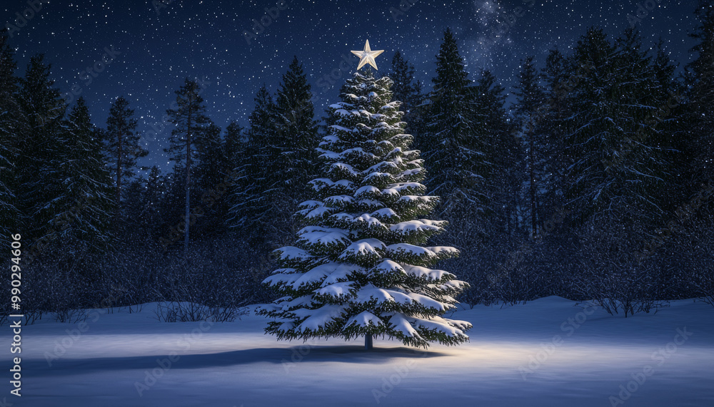 A serene winter scene featuring a snow-covered Christmas tree illuminated by a star, surrounded by a tranquil forest at night.
