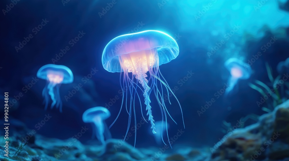 Ethereal Jellyfish Illuminating Underwater Scene Ethereal Jellyfish Illuminating Underwater Scene