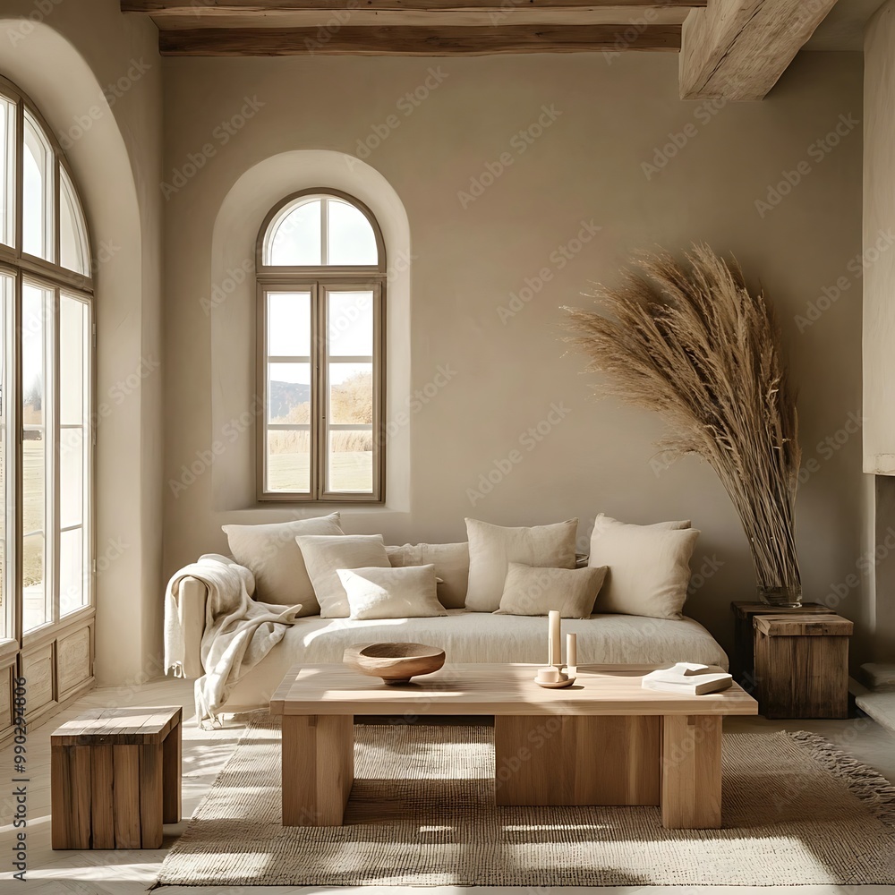living room with natural light, wooden furniture, and organic decor. living room with natural light, wooden furniture, and organic decor.
