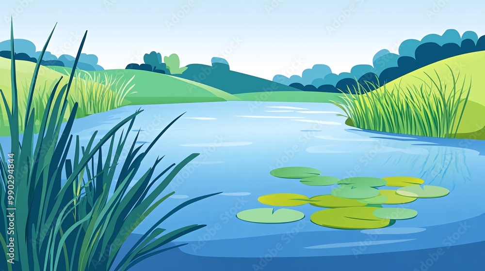 A serene landscape featuring a tranquil lake with lush green grass, reeds, and lily pads. The hills in the background are covered in trees, and the sky is a clear blue. A serene landscape featuring a tranquil lake with lush green grass, reeds, and lily pads. The hills in the background are covered in trees, and the sky is a clear blue.