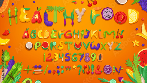 Fruit and vegetable font, healthy type, farm crop alphabet, summer typeface of vector vegetarian food letters and numbers. English abc characters font set with cartoon fresh vegetables and fruits