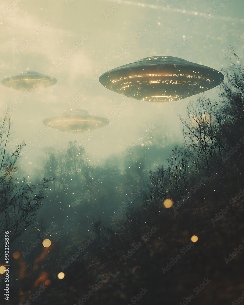 Flying Saucers Over a Misty Forest Illustration Flying Saucers Over a Misty Forest Illustration
