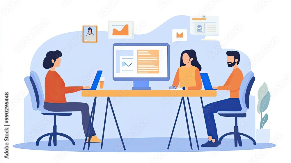 Three People Collaborating on a Project in an Office Setting Three People Collaborating on a Project in an Office Setting