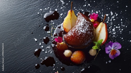 Fototapeta Naklejka Na Ścianę i Meble -  Gourmet foie gras dish with a rich red wine reduction and caramelized pear, garnished with edible flowers and a sprinkle of sea salt, served on a sleek black slate AI GENERATIVE