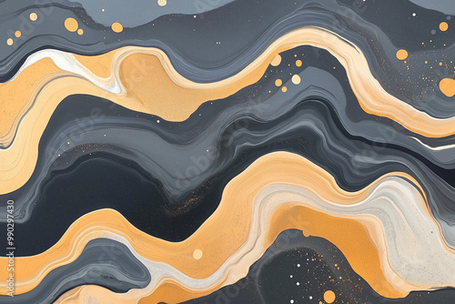 Abstract fluid art with wavy patterns in shades of gray, orange, and cream, creative and modern design