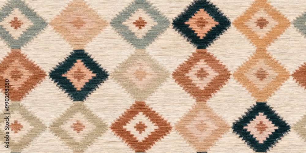 A textured rug featuring a geometric diamond pattern in earthy tones, blending light and dark shades for a modern aesthetic. A textured rug featuring a geometric diamond pattern in earthy tones, blending light and dark shades for a modern aesthetic.