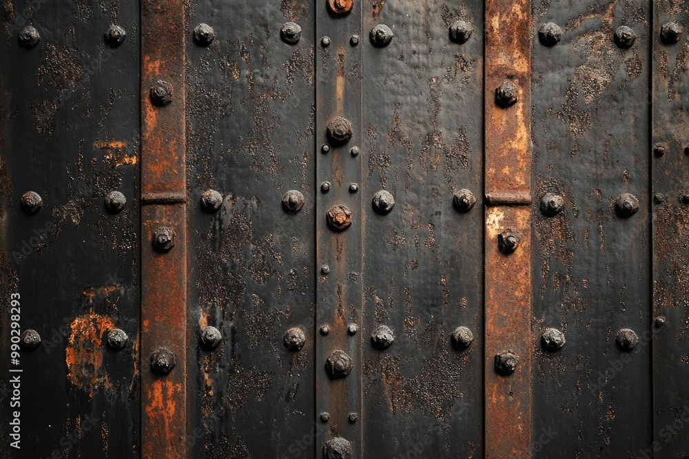 Fototapeta premium Rusty metal texture with rivets. This image is perfect for a variety of designs, especially those with a grunge, industrial, or steampunk aesthetic.