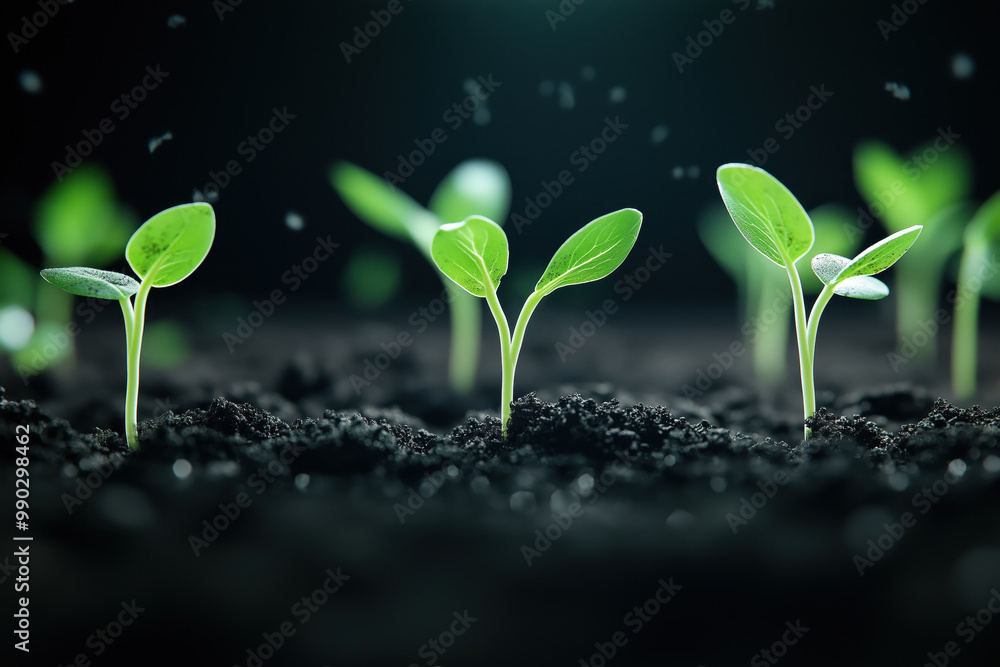 Seedlings growing in soil with glowing light at night, symbol of growth, nature, and renewal in a dark environment Seedlings growing in soil with glowing light at night, symbol of growth, nature, and renewal in a dark environment