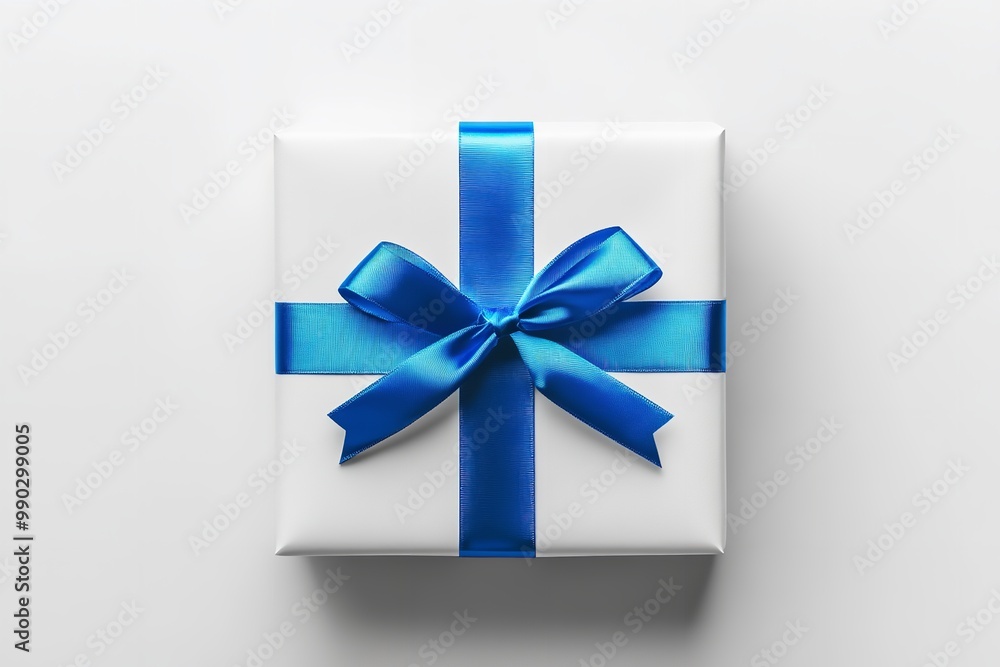 Full length image of the white gift box with blue ribbon on top. Generative Ai Full length image of the white gift box with blue ribbon on top. Generative Ai