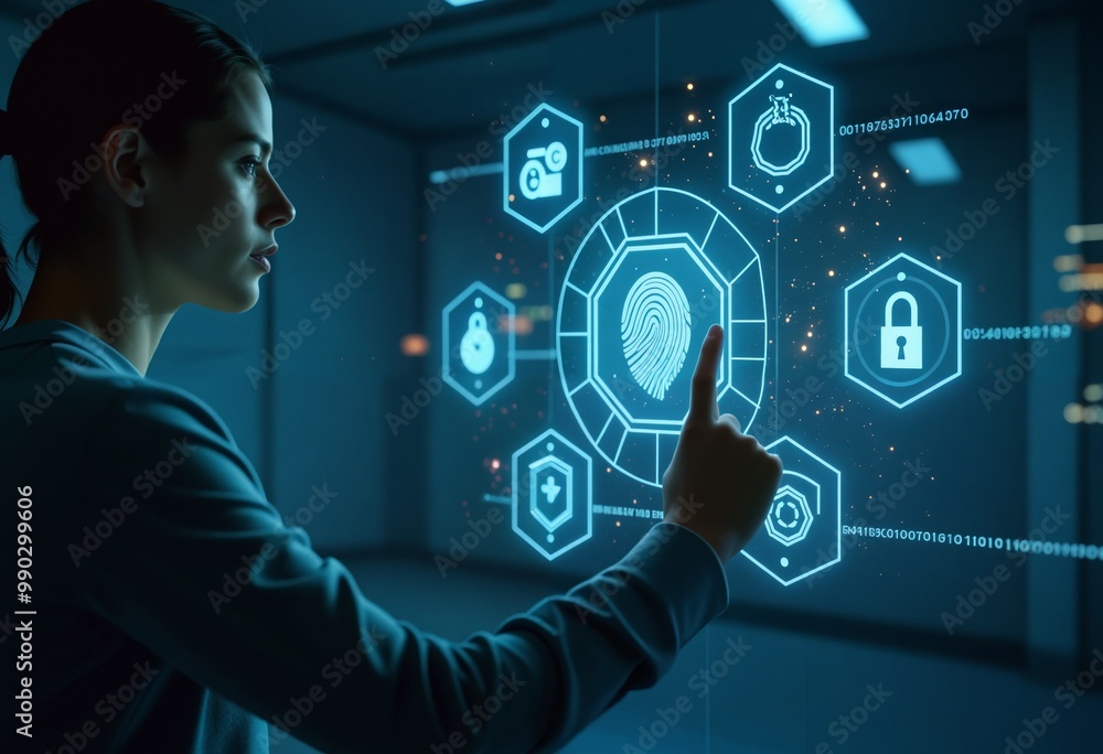 a woman touching a digital interface with icons Cybersecurity background a woman touching a digital interface with icons Cybersecurity background