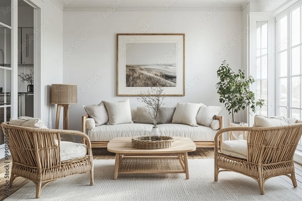 Fototapeta premium Scandinavian Living Room with a Classic Scandinavian vibe. Woven rattan chairs furniture, a light wood flooring floor
