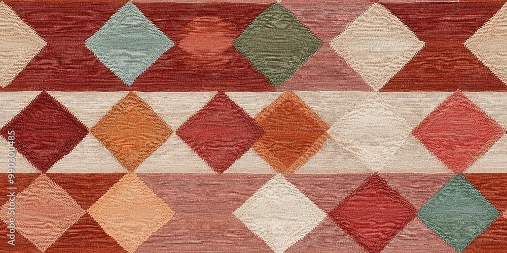 A colorful geometric patterned rug featuring a series of diamond shapes in warm and cool tones. A colorful geometric patterned rug featuring a series of diamond shapes in warm and cool tones.