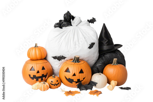 A festive Halloween scene featuring carved pumpkins, black bags, and spooky decorations, perfect for autumn celebrations. photo