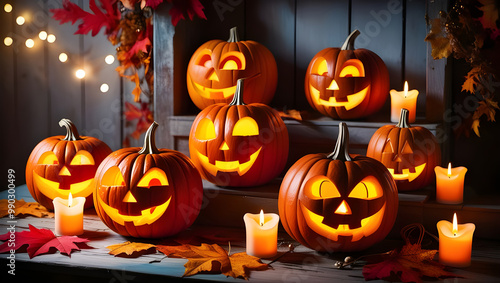 A row of pumpkins with a candle in the middle. photo