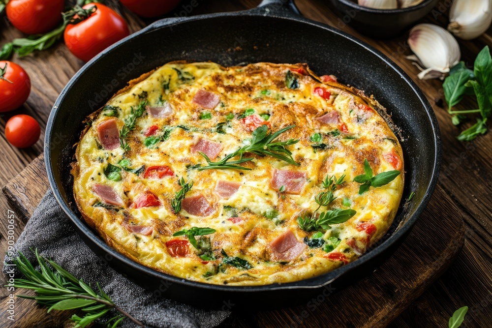 Delicious omelet with ham, peas, and tomatoes. Perfect for showcasing a healthy and tasty breakfast option. Delicious omelet with ham, peas, and tomatoes. Perfect for showcasing a healthy and tasty breakfast option.