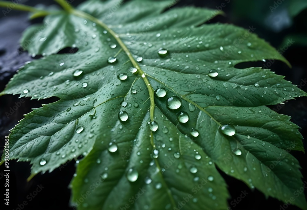 A close-up of a green leaf with water droplets on its surface, against a blurred dark background A close-up of a green leaf with water droplets on its surface, against a blurred dark background