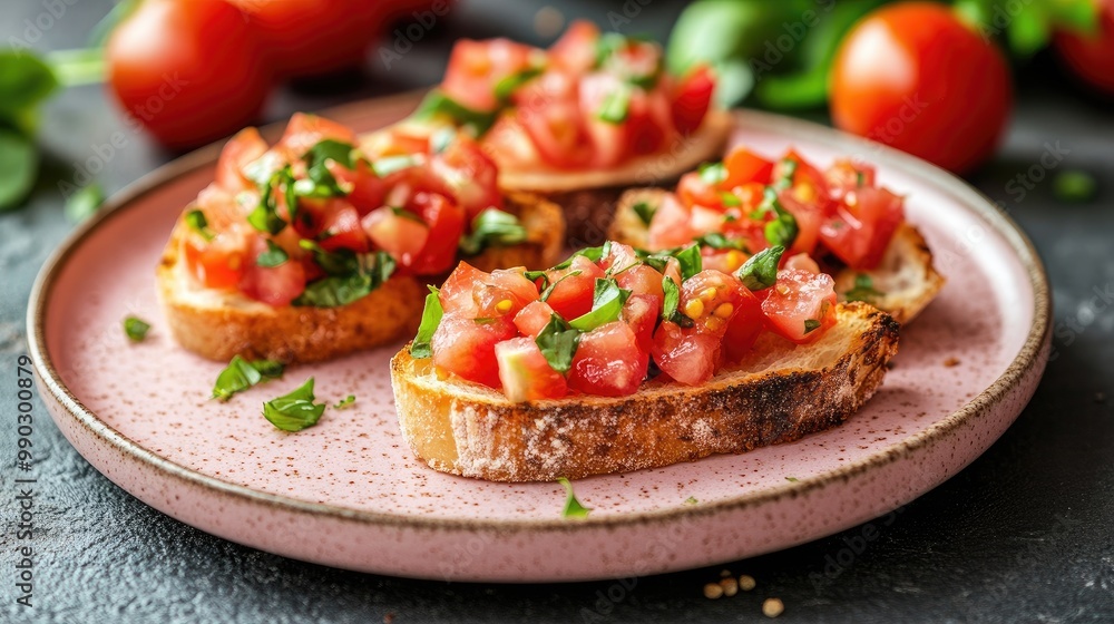 Delicious bruschetta with basil and tomato. This image is perfect for food blogs, social media, or restaurant menus. Delicious bruschetta with basil and tomato. This image is perfect for food blogs, social media, or restaurant menus.