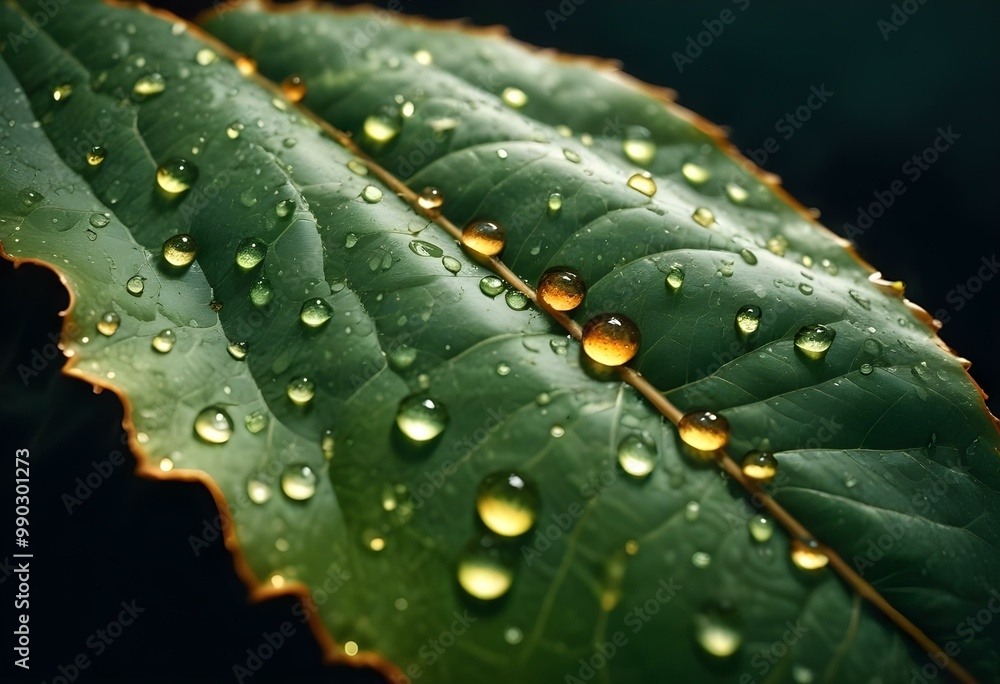 A close-up of a green leaf with water droplets on its surface, against a blurred dark background A close-up of a green leaf with water droplets on its surface, against a blurred dark background