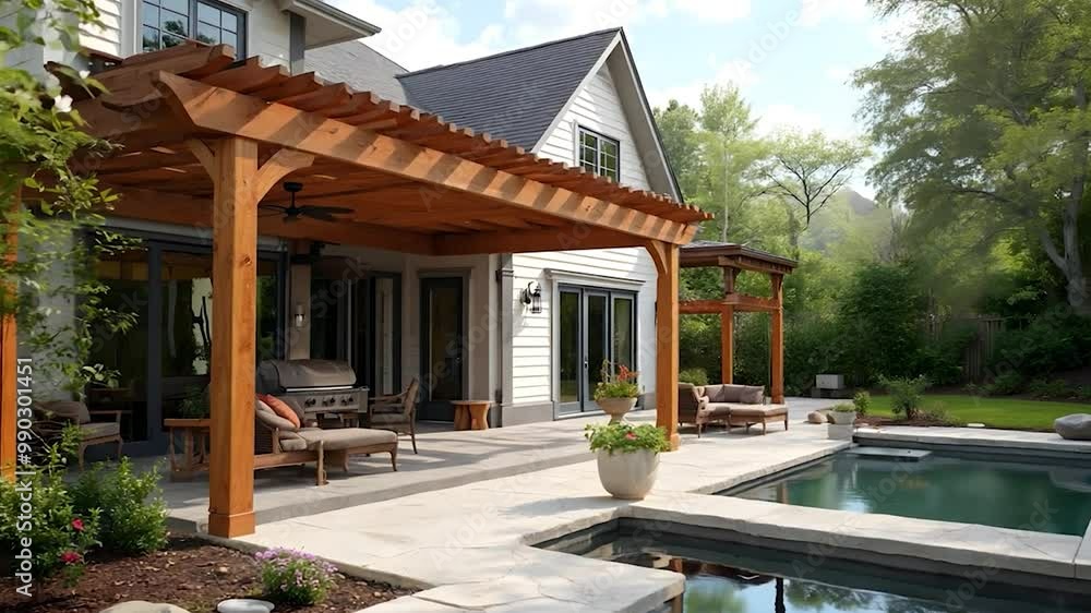 Wooden Pergola Over Patio with Pool and Backyard Wooden Pergola Over Patio with Pool and Backyard