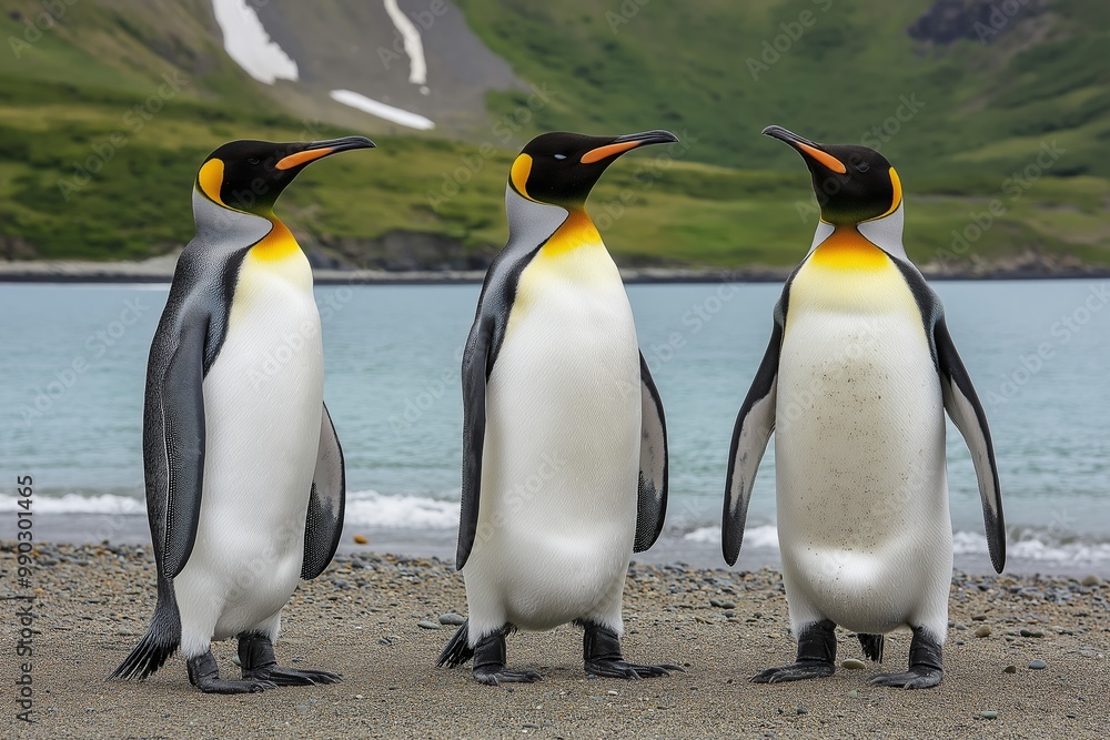 Fototapeta premium Group of penguins standing on a beach. The penguins are in a line, with the first penguin on the left and the last one on the right. King penguins (Aptenodytes patagonicus) on the beach
