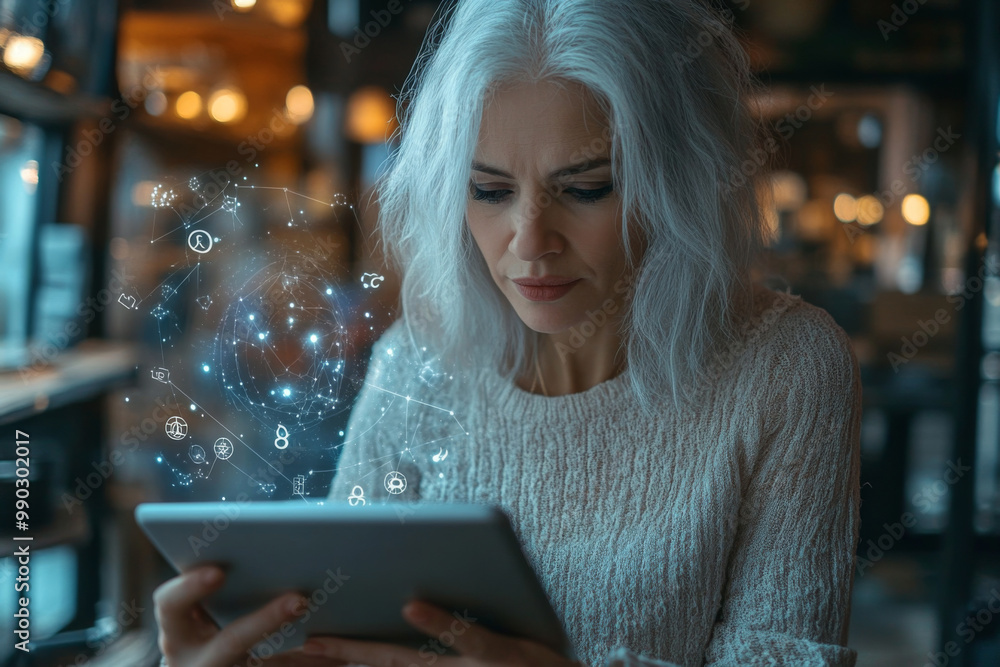 An astrologer with gray hair intently examines celestial charts on a tablet, immersed in her work amid futuristic digital projections and astrological diagrams. An astrologer with gray hair intently examines celestial charts on a tablet, immersed in her work amid futuristic digital projections and astrological diagrams.