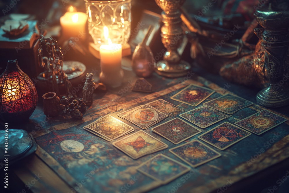 A crystal ball sits on a wooden stand, illuminated by flickering candles. Tarot cards are spread out nearby, enhancing the mystical atmosphere in a dimly lit room. A crystal ball sits on a wooden stand, illuminated by flickering candles. Tarot cards are spread out nearby, enhancing the mystical atmosphere in a dimly lit room.