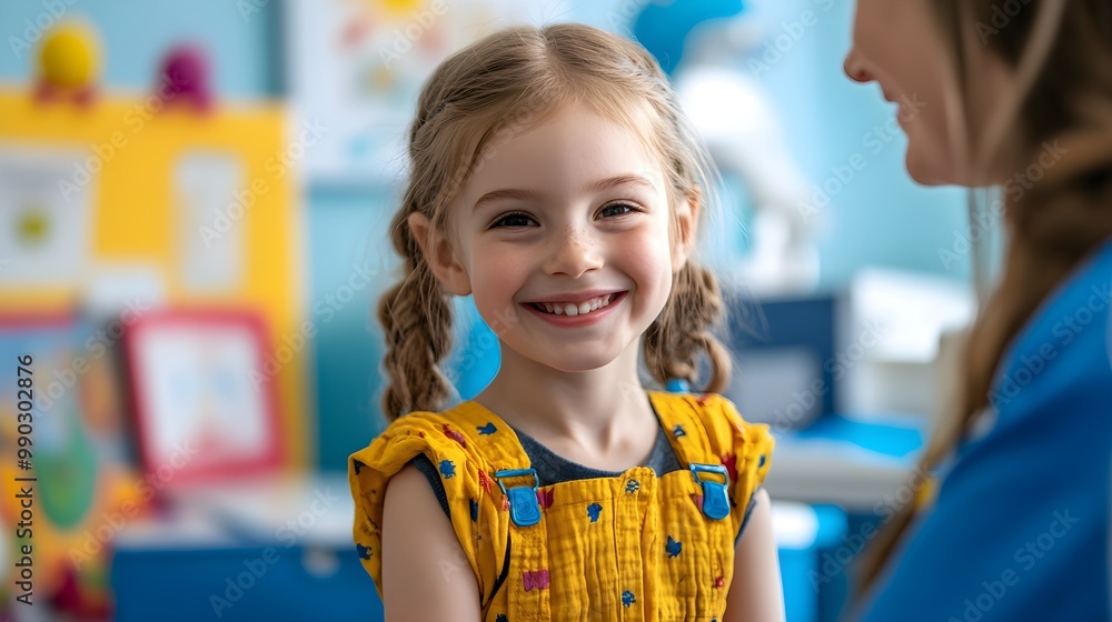 A courageous child receiving a vaccine from a caring nurse in a child-friendly clinic, colorful toys and books in the background, playful environment, soft atmosphere A courageous child receiving a vaccine from a caring nurse in a child-friendly clinic, colorful toys and books in the background, playful environment, soft atmosphere