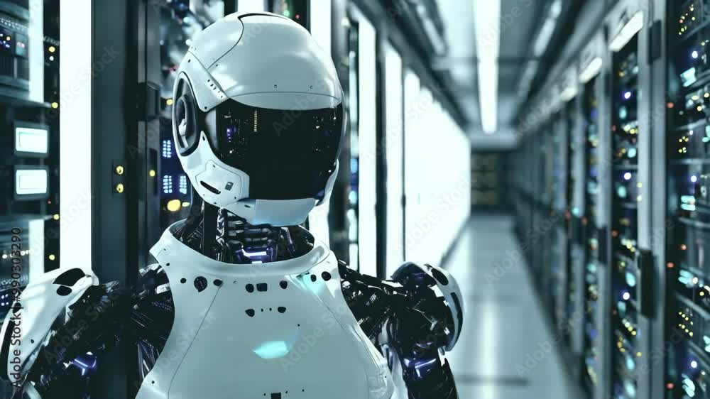 Futuristic humanoid robot in a data center background, metallic and sleek design, digital screens in the background. Concept of artificial intelligence and automation Futuristic humanoid robot in a data center background, metallic and sleek design, digital screens in the background. Concept of artificial intelligence and automation