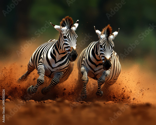 Two zebras gallop fiercely across the red earth, kicking up dust as they race together. Their striking black-and-white stripes create a captivating visual against the blurred background. photo