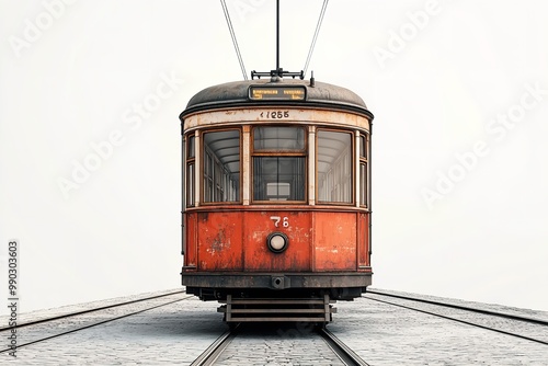 An lonely old tram graphic on a white backdrop. Generative Ai