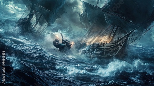 Two Ships Battling in a Stormy Sea photo