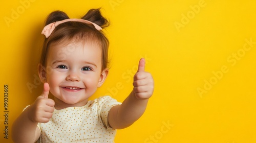 a joyful toddler giving a thumbs up against a bright yellow background