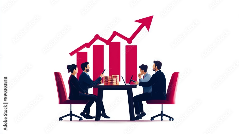 Business meeting with a growing chart, white isolated background Business meeting with a growing chart, white isolated background