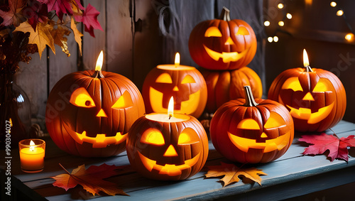 a row of pumpkins with a candle in the middle.