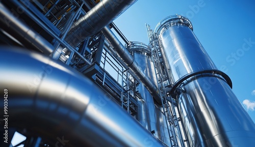 A close-up of the silo's metal pipes and steel beams, with visible details against a clear blue sky