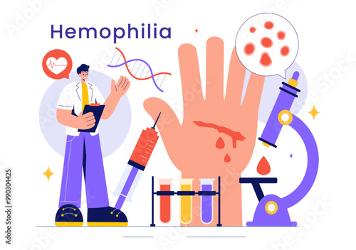 Hemophilia Vector Illustration Featuring a Doctor Examining an Injured Knee or Joint and Blood Disorders in a Healthcare Flat Style Cartoon Background