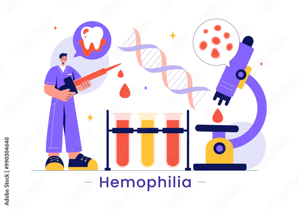 Hemophilia Vector Illustration Featuring a Doctor Examining an Injured Knee or Joint and Blood Disorders in a Healthcare Flat Style Cartoon Background