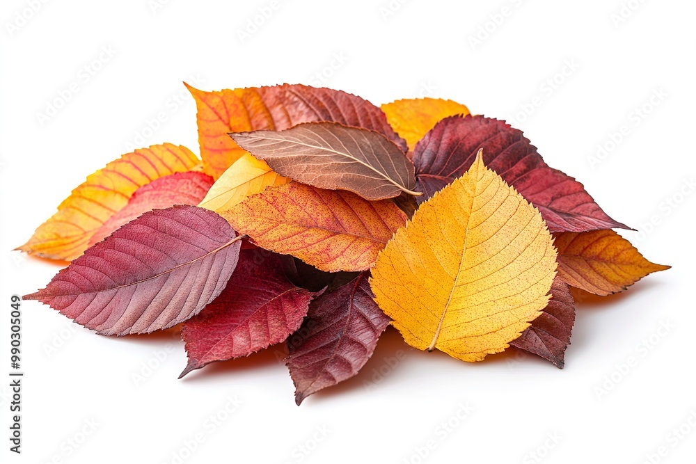 Fototapeta premium Isolated autumn-colored leaf pile on a white backdrop. Generative Ai