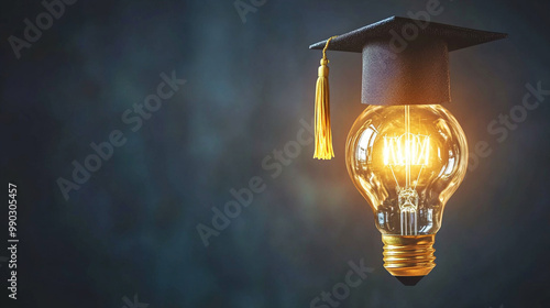 glowing light bulb topped with a graduation cap symbolizes the fusion of knowledge, innovation, and bright ideas. Perfect for themes of education, learning, and intellectual achievement photo