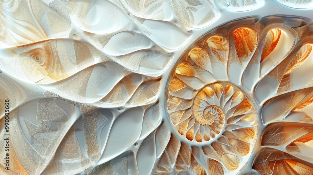 Obraz premium Abstract wallpaper featuring a nautilus shell, with a focus on its fibonacci sequence. The shell's natural beauty is a perfect addition to this art.