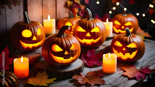 A row of pumpkins with a candle in the middle. photo