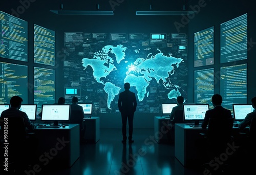 a man standing in front of a computer screen with a map on it Cybersecurity background