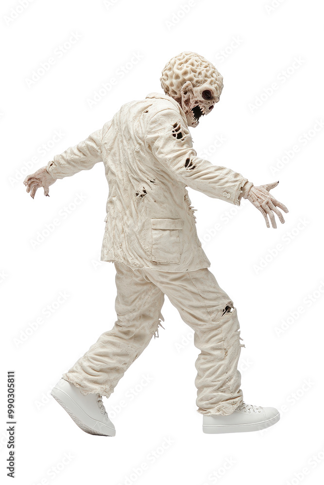 An eerie figure in a distressed white suit and mask, embodying a haunting presence for Halloween or horror themes. An eerie figure in a distressed white suit and mask, embodying a haunting presence for Halloween or horror themes.