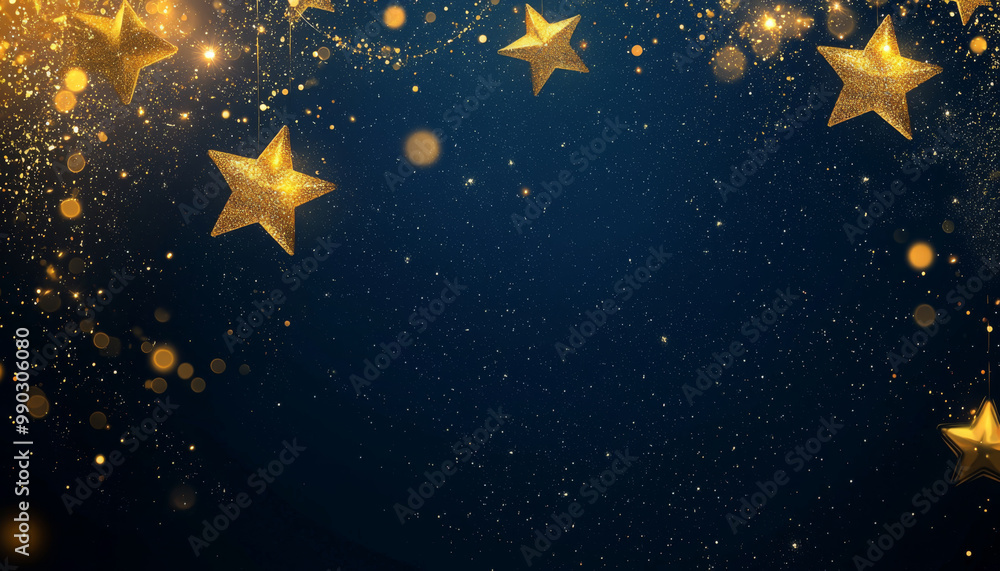 Fototapeta premium A festive background featuring golden stars and shimmering lights against a dark blue backdrop, perfect for celebrations or events.