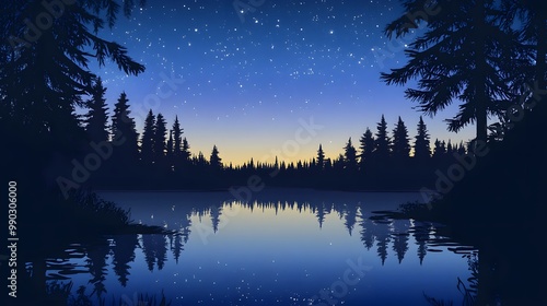 Silhouetted Pine Trees Reflecting in a Calm Lake Under a Starry Sky