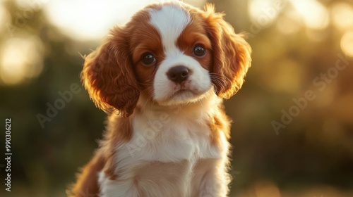 A playful puppy stands outdoors during golden hour, showcasing its charming features and warm, inviting expression